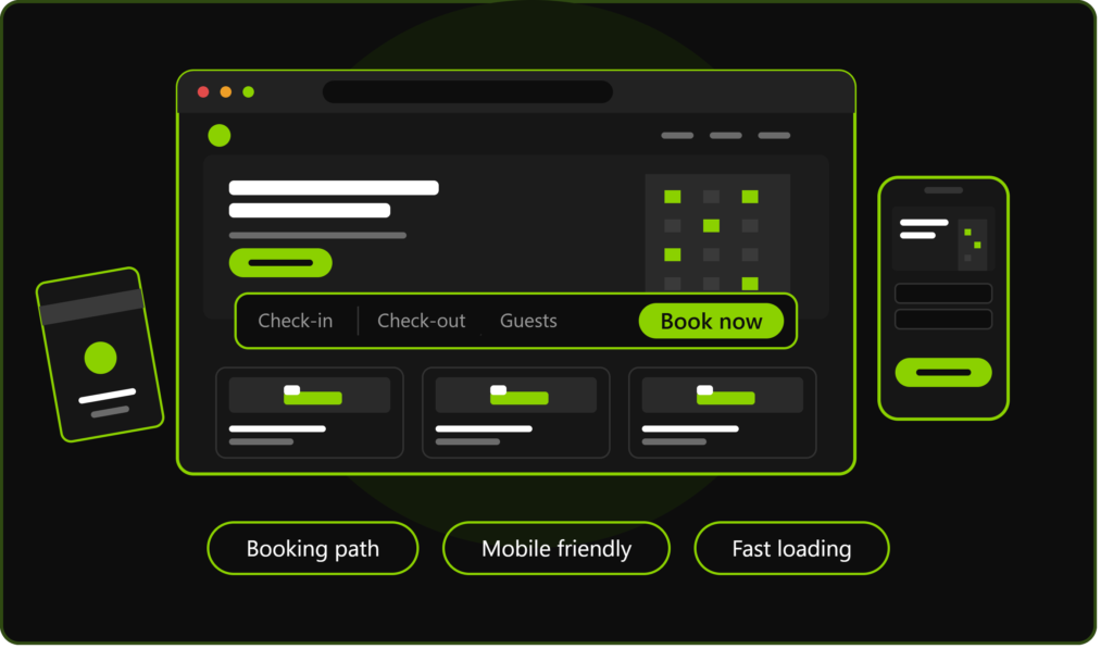 Hotel website design showing a mobile-friendly, fast-loading booking path with check-in, check-out, guests, and a book now button