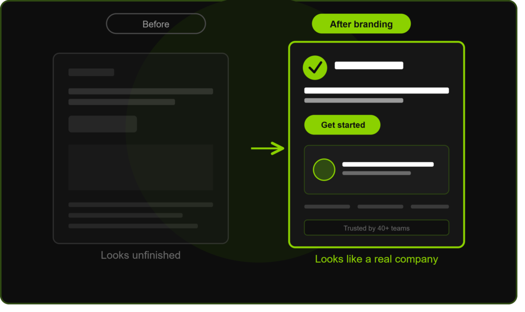 Startup branding agency before and after comparison showing an unfinished page becoming a polished page that looks like a real company