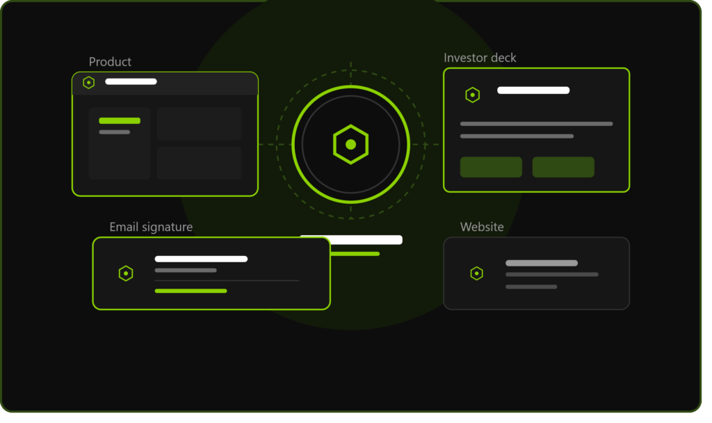 Startup logo design shown consistently across a product interface, investor deck, email signature, and website